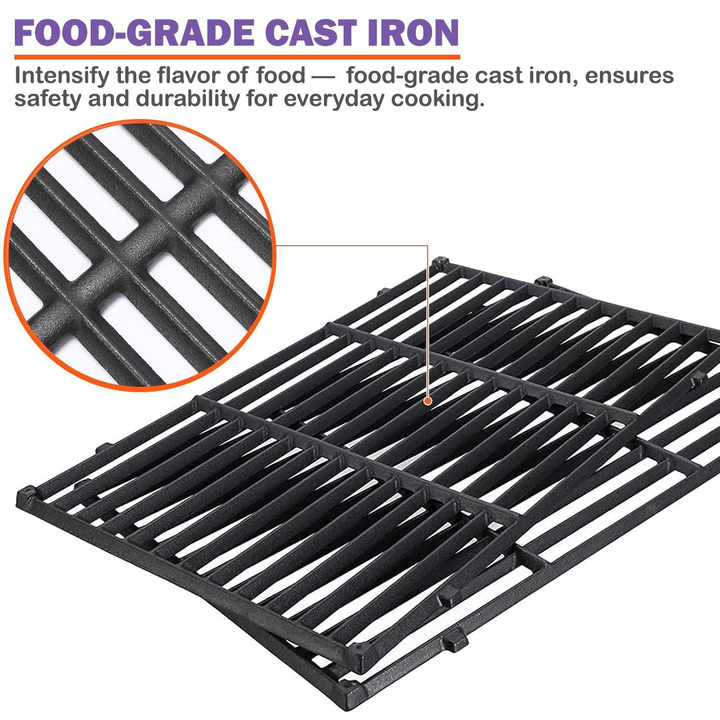 A close-up of the black cast iron grill grates is shown with a smaller inset magnifying a section of the grate's surface. Purple text at the top reads "FOOD-GRADE CAST IRON". Below, text explains, "Intensify the flavor of food — food-grade cast iron, ensures safety and durability for everyday cooking." This emphasizes the material quality of the replacement grill grates.
