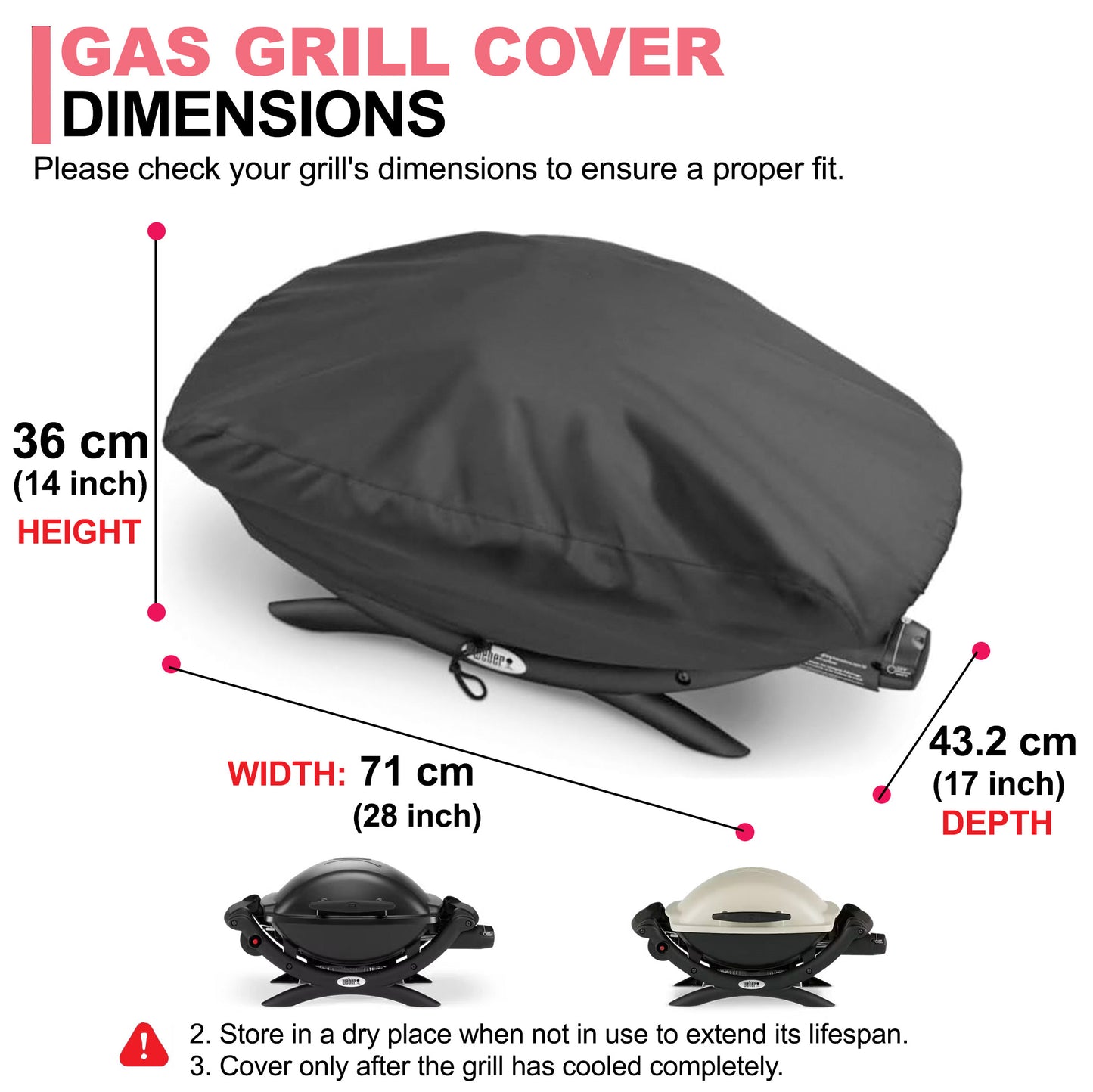 7117 Housse de Barbecue Weber pour Q100/Q120/Q1000/Q1200/Q1400, Tissu Oxford 600D, Robuste & Imperméable, Housse en PU pour Barbecues à Gaz Weber Q100 et Q1000 (71 L x 43,2 l x 35,6 H cm)