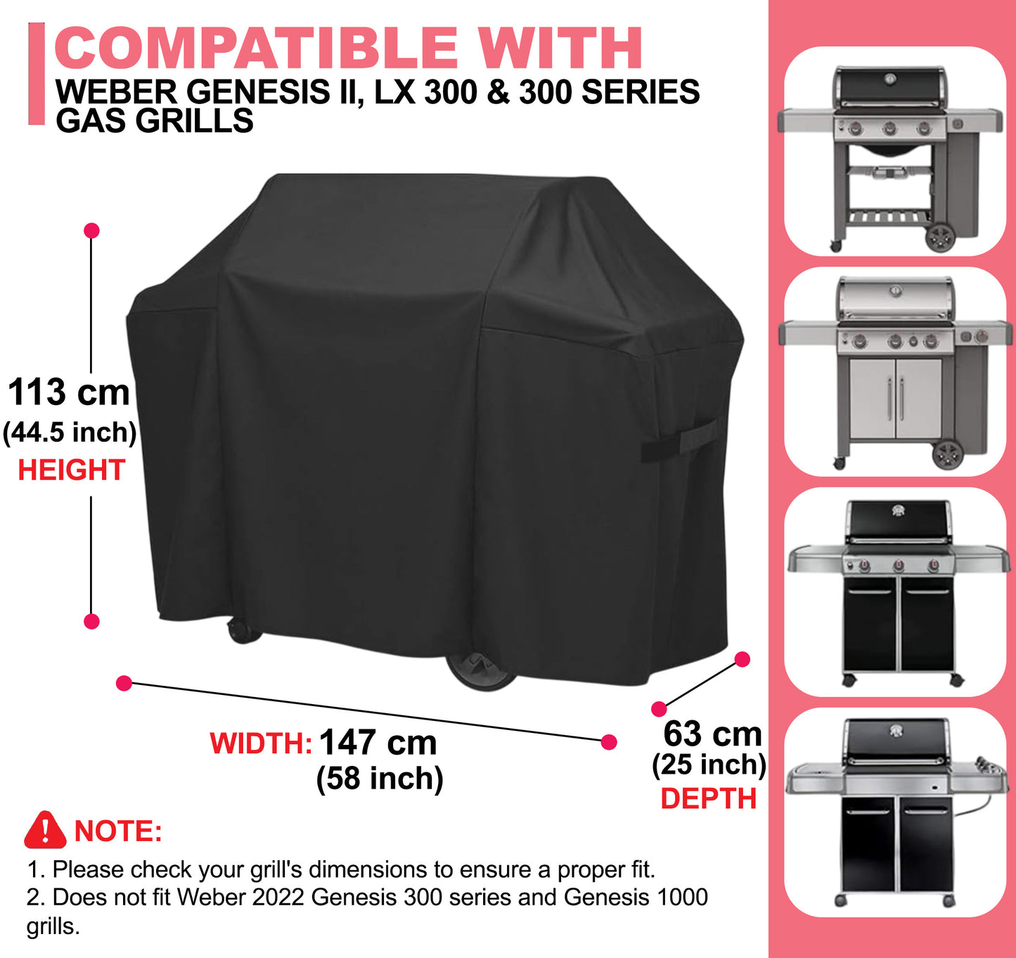 7130 BBQ Grill Cover for Weber Genesis II 300, Genesis 300, & Genesis LX 300 Grills, 600D Oxford Fabric, Heavy Duty & Waterproof, PU Cover for Weber Genesis E-330, E-310, S-310, S-330, S-335, S-340 (147 L x 63 W x 113 H cm)