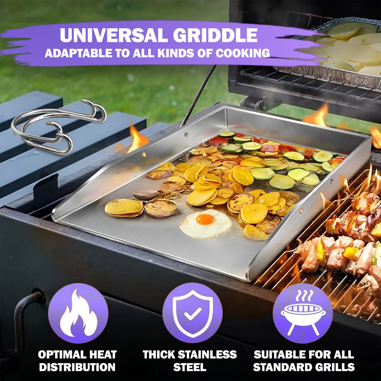 Plancha Grillplate – Tykk BBQ Stekeplate i Rustfritt Stål med Avtakbare Håndtak, 40 x 30 cm – For Gass- og Kullgriller