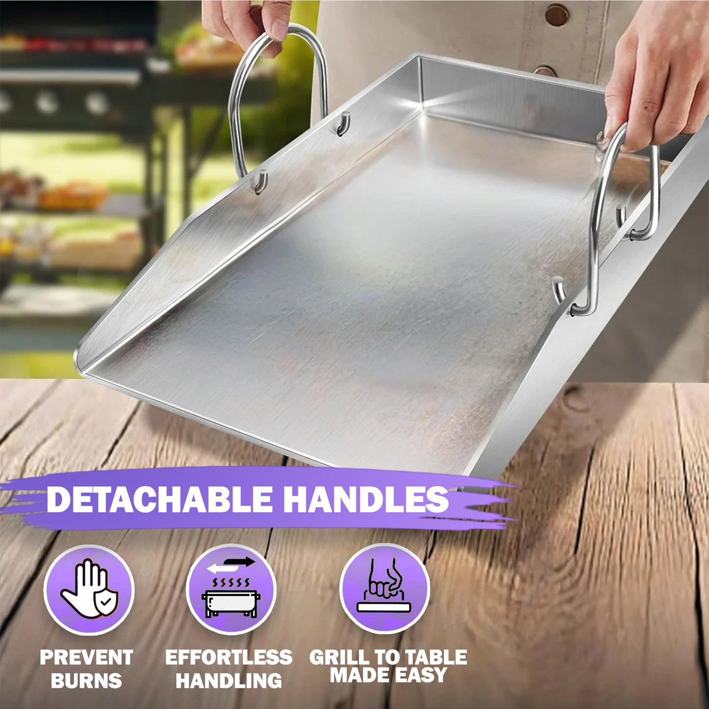 Plancha Grillplate – Tykk BBQ Stekeplate i Rustfritt Stål med Avtakbare Håndtak, 40 x 30 cm – For Gass- og Kullgriller
