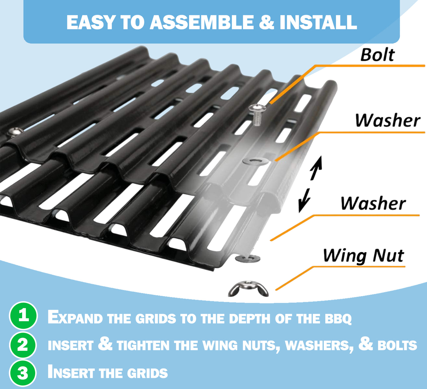 Set of 4 Adjustable Grill Grates – 20.5 cm Wide Universal Replacement Grill Grates for BBQ Grills, Extends from 31 cm to 48 cm in Depth, Porcelain Steel