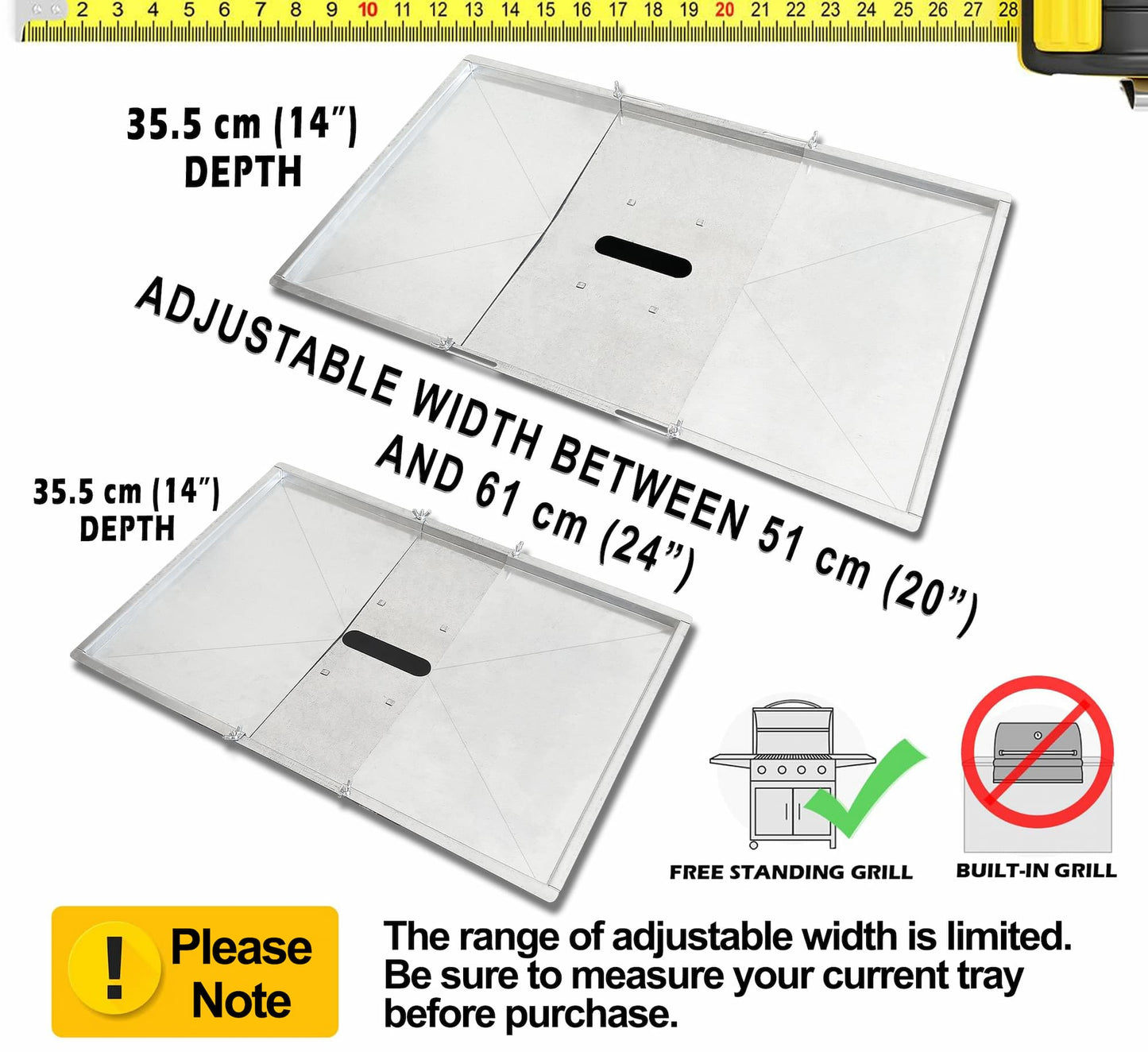 Grease Tray with Adjustable Width (51 cm to 61 cm) x 35 cm for Grills from Biltema, Lucifer, Napolean, Landmann and Many More, Fits Universally