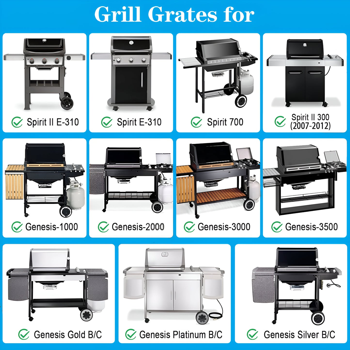 7638 Cast iron Grill Grates for Weber Spirit 300 Series (E-310/E-320/S-310/S-320), Spirit 700, Silver/Gold/Platinum B & C, Genesis 1000-5000 Gas Grills, 44.5 cm x 30.2 cm each