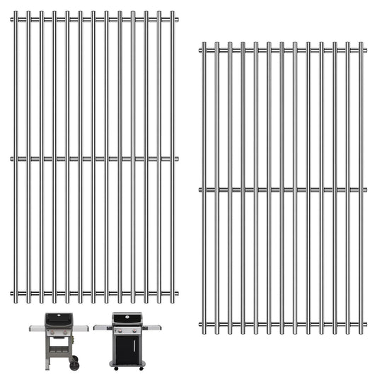Two 7637 stainless steel replacement grill grates for Weber Spirit 200 & Spirit II 200 series on a white background, with compatible Weber Spirit grill models (E/S-210, 220) shown below.