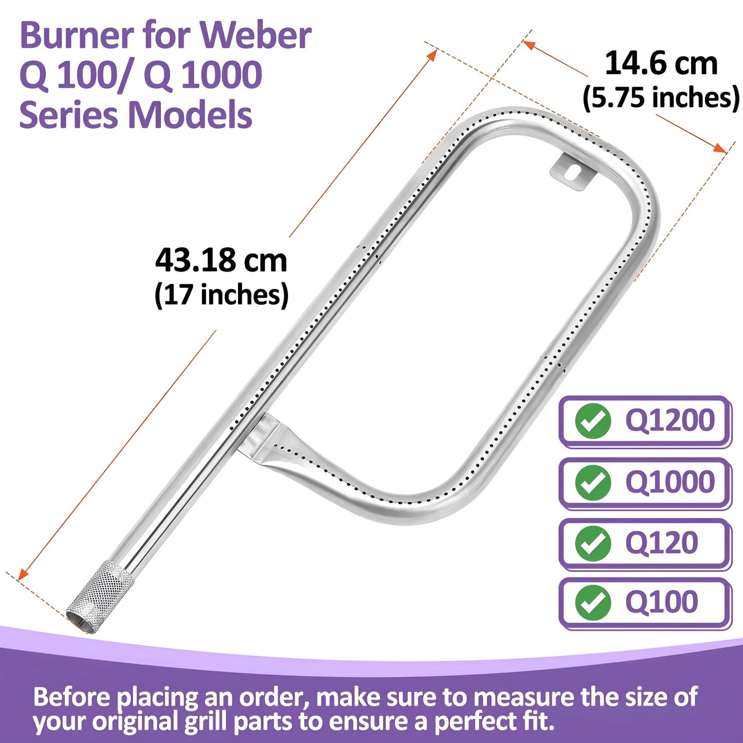 60040/69957/41657 Brænder til Weber Q 100/1000-seriens grille (Q1000, Q1200, Q100, Q120, Baby Q) - 43 cm, Weber Q grill reservedele