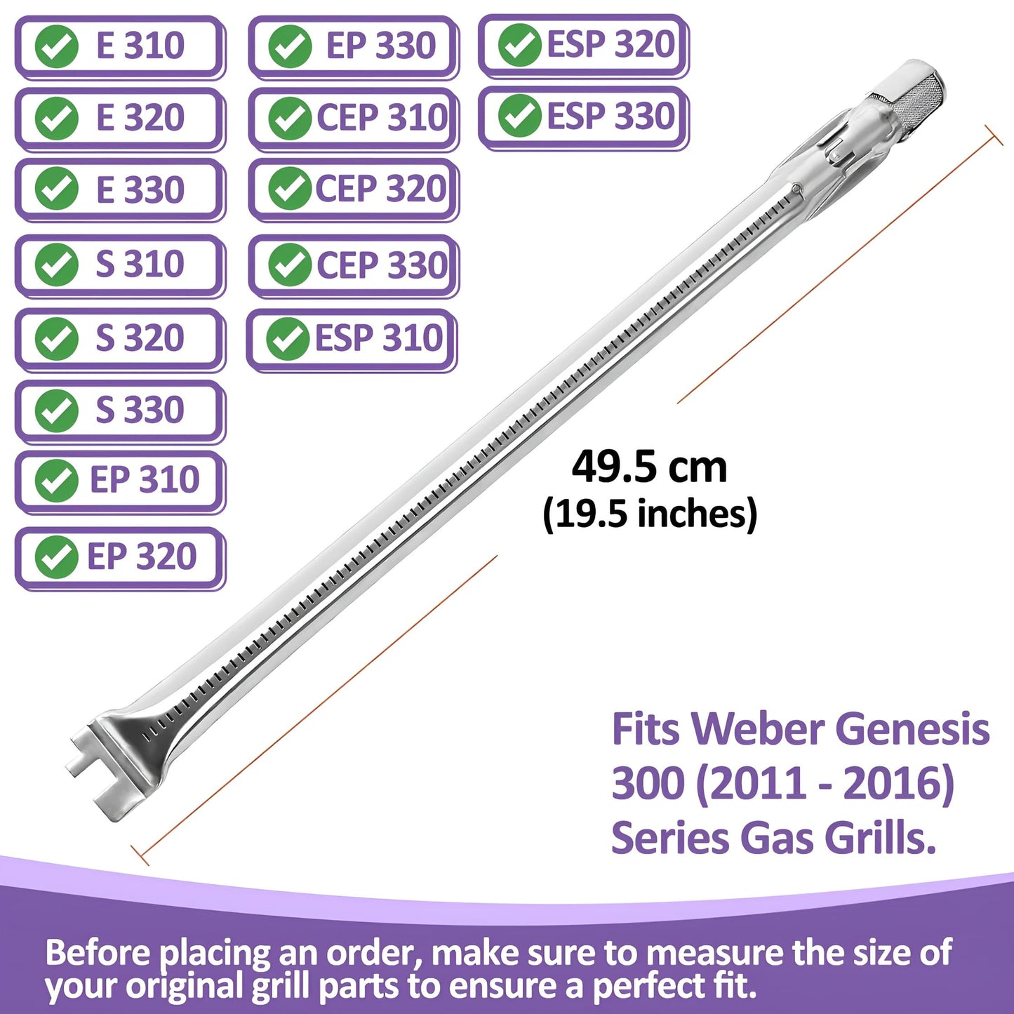62752 Brændere erstatning til Weber Genesis 300-serien (E-310, E-320, S-310, S-320) gasgrill (frontmonterede brænderkontroller), 49,5 cm