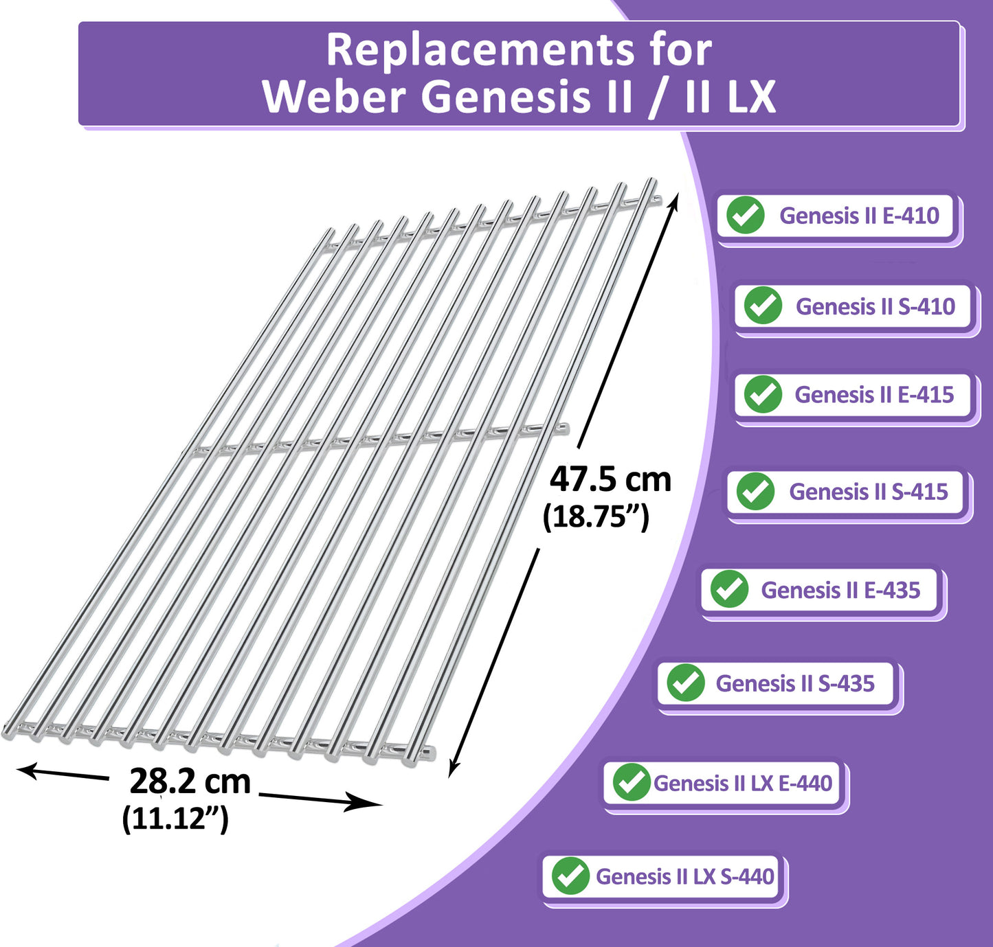 47.5 x 28.2 cm, 66089 / 66097 Grillriste til Weber Genesis II E-410, E-415, E-435, S-410, S-415, S-435, Genesis II LX E-440, S-440, Weber GS4 Grilldele, Rustfrit Stål