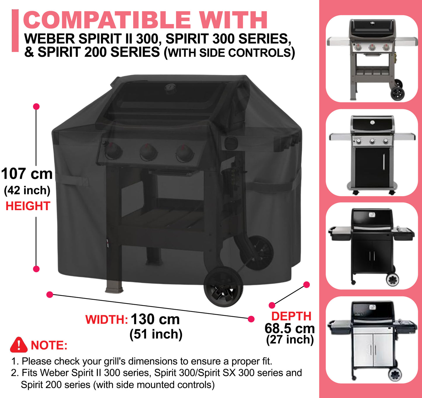 7139 Housse de barbecue Weber pour Weber Spirit II 300, Spirit 300 série, Tissu Oxford 600D, Robuste & Imperméable, Housse PU pour Weber Spirit I & II E-310, E-330, E-315 (130 L x 68 l x 107 H cm)