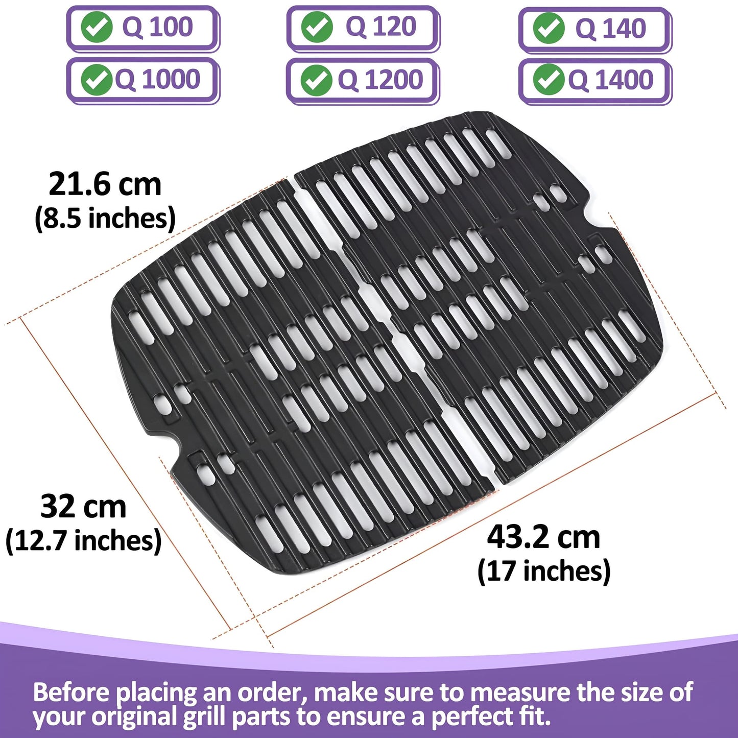 7644 Støbejerns grillriste til Weber Q 100/1000-serien (Q100, Q1000, Q120, Q1200, Q140, Q1400, Baby Q) gasgrille, Weber Q Grill reservedele