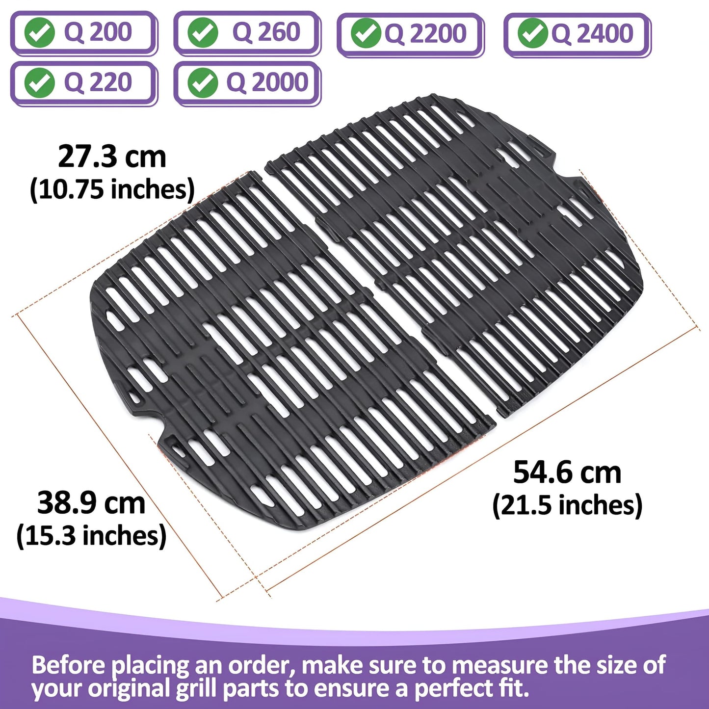 7645 Cast Iron Cooking Grates for Weber Q200/Q2000 Series (Q220, Q220, Q260, Q2000, Q2200, Q2400) Gas Grills, Weber Q Grill Parts