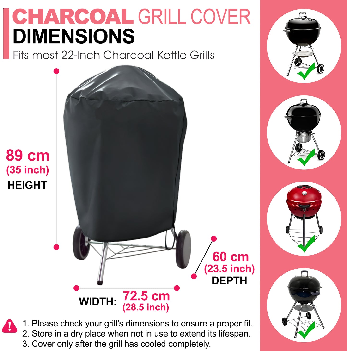 7176 Housse de Barbecue pour Gril à Charbon 56 cm, Tissu Oxford 600D, Résistante & Imperméable, Housse en PU pour Weber 22 Pouces Master Touch, Original Kettle et Plus (72,5 L x 60 P x 89 H cm)