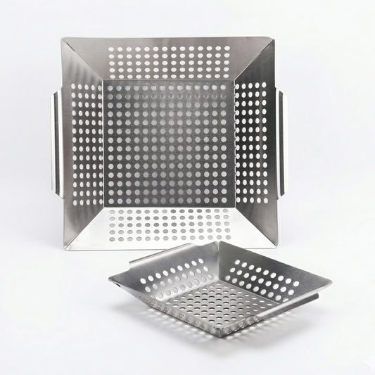 Set of 2 Stainless Steel Grill Baskets (Small & Large) – High-Quality Perforated Vegetable Grilling Trays with Handles