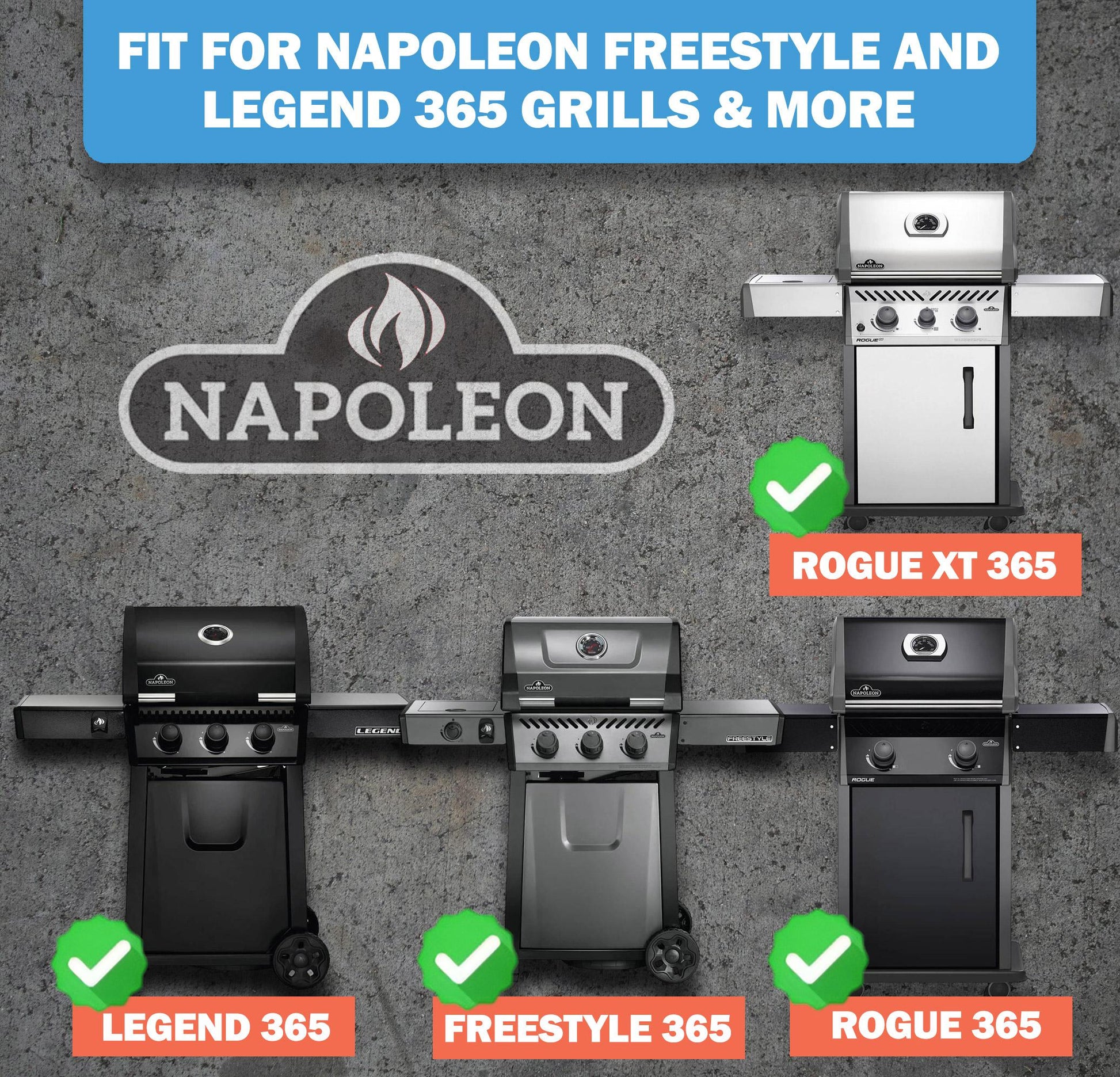 Compatibility guide for replacement sear plates, showing they fit Napoleon Freestyle 365, Legend 365, and Rogue 365 series grills, including Rogue XT 365 models.