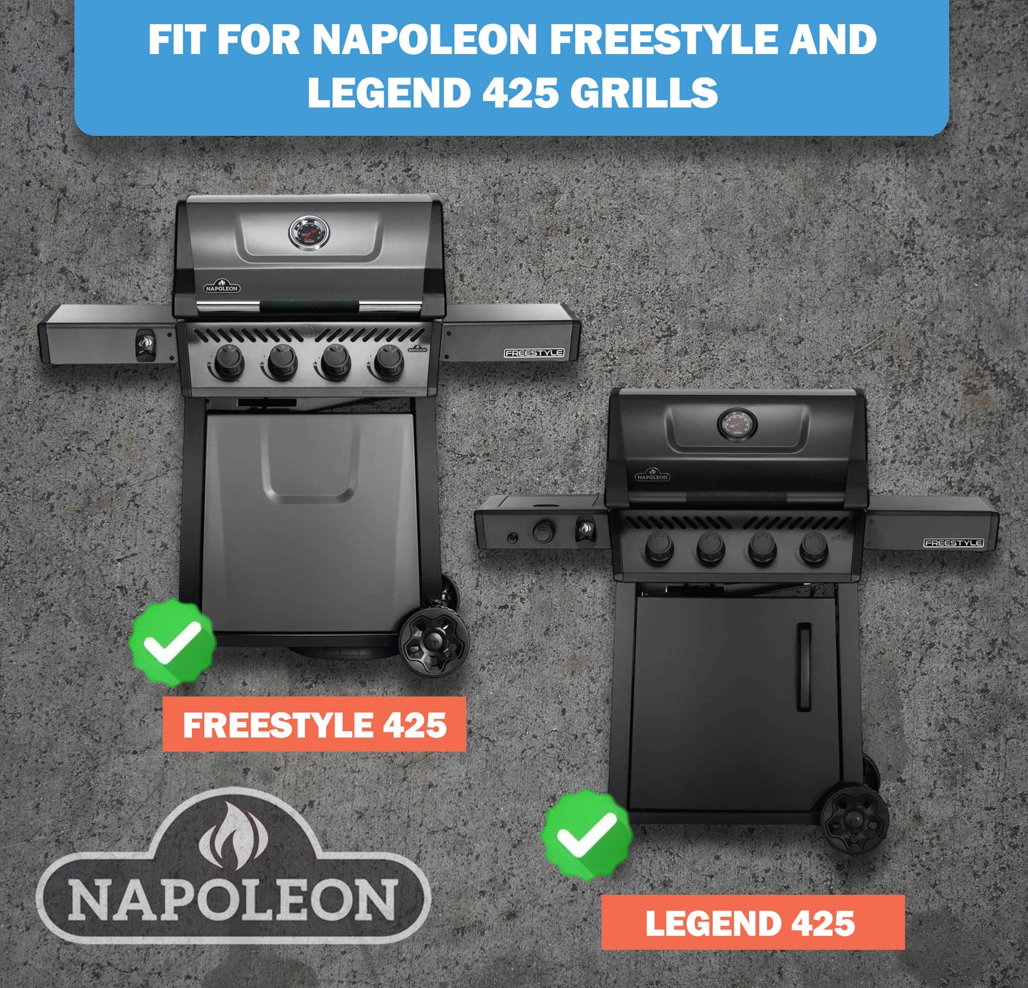 Compatibility guide showing replacement sear plates fit Napoleon Freestyle 425 and Legend 425 series grills.