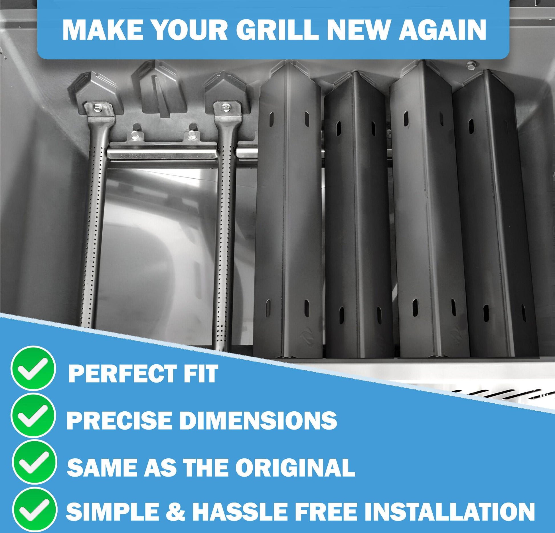 Four replacement sear plates installed in a Napoleon 4 burner grill, showing perfect fit and even coverage for main burners.