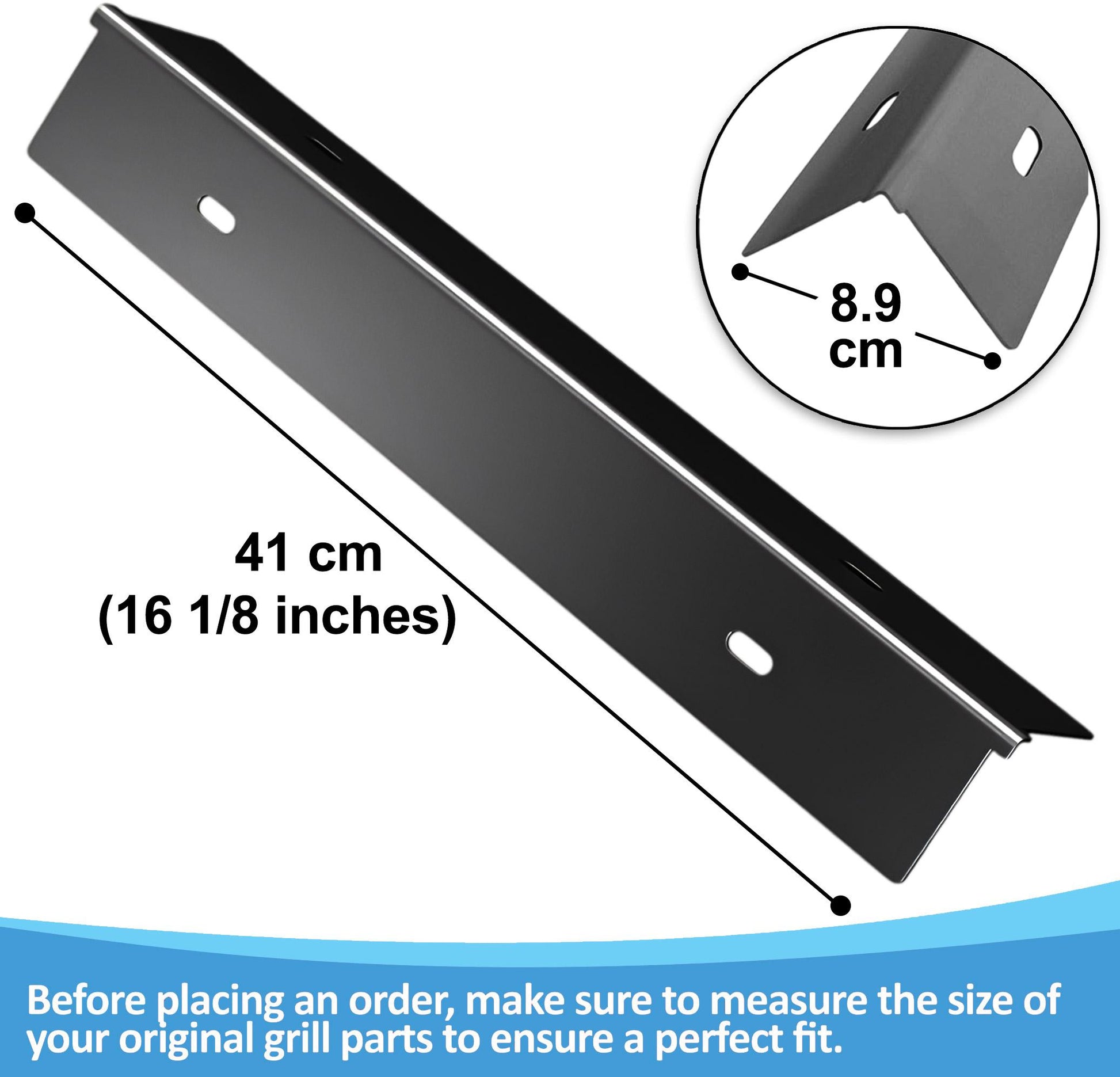 Dimensions of a single enameled steel replacement sear plate: 41 cm length x 8.9 cm width, compatible with Napoleon Freestyle 425 or Legend 425 series.