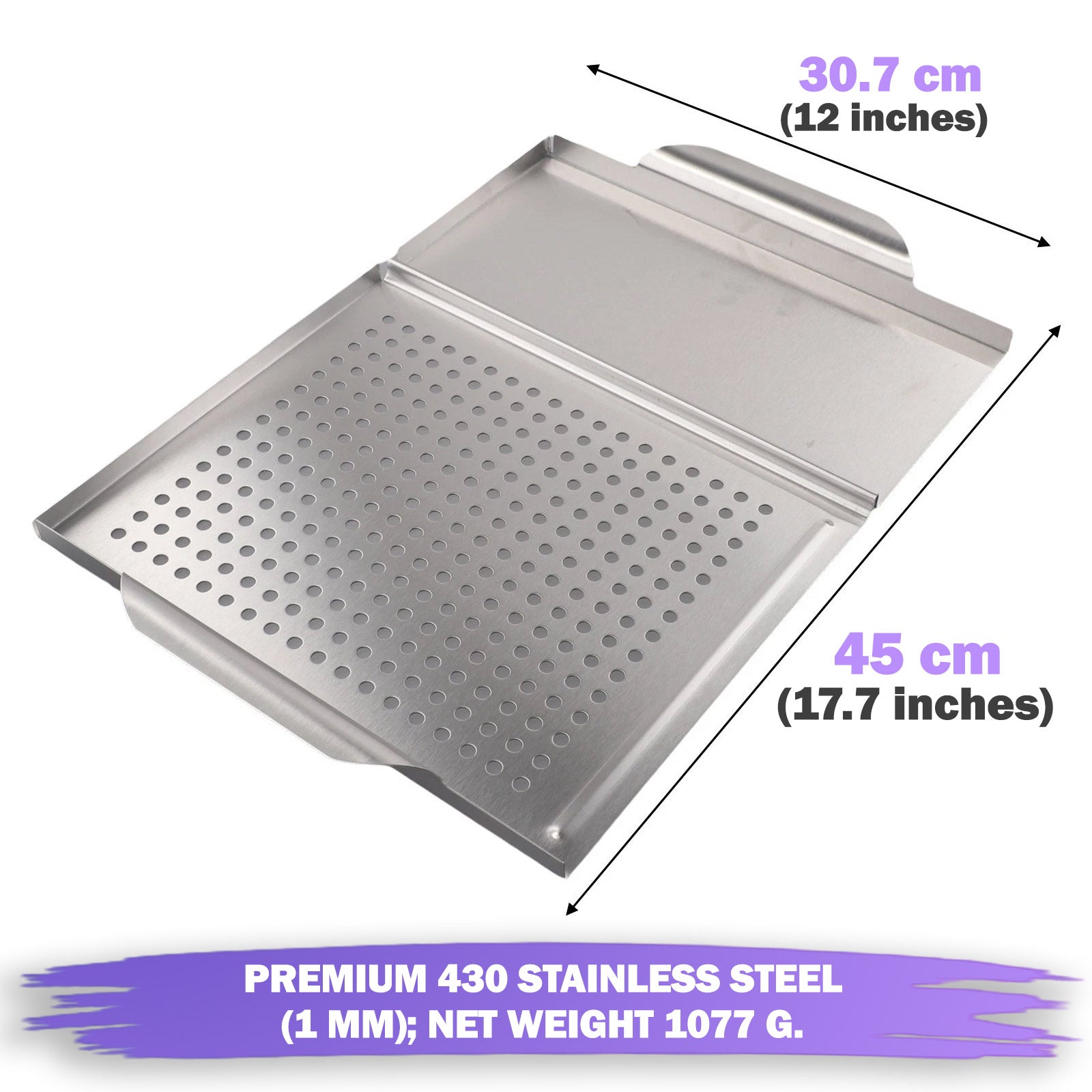 Diagram of the stainless steel grill plancha showing dimensions of 45 cm by 30.7 cm and 1 mm thickness with a net weight of 1077 grams.