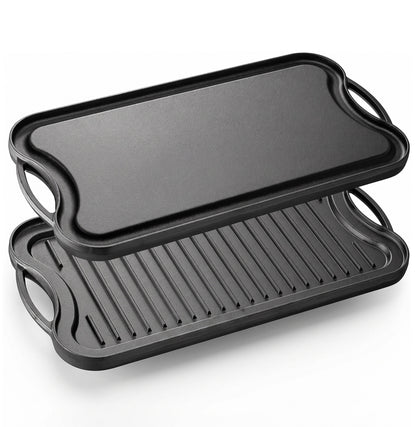 Reversible Cast Iron Griddle for Indoor Stovetop & Outdoor Grill – 46cm x 25cm Dual-Sided Surface