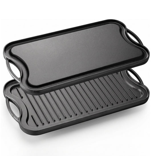 Käännettävä valurautaparila liesille & outdoor-grilleille – 46 cm x 25 cm kaksipuolinen paistopinta