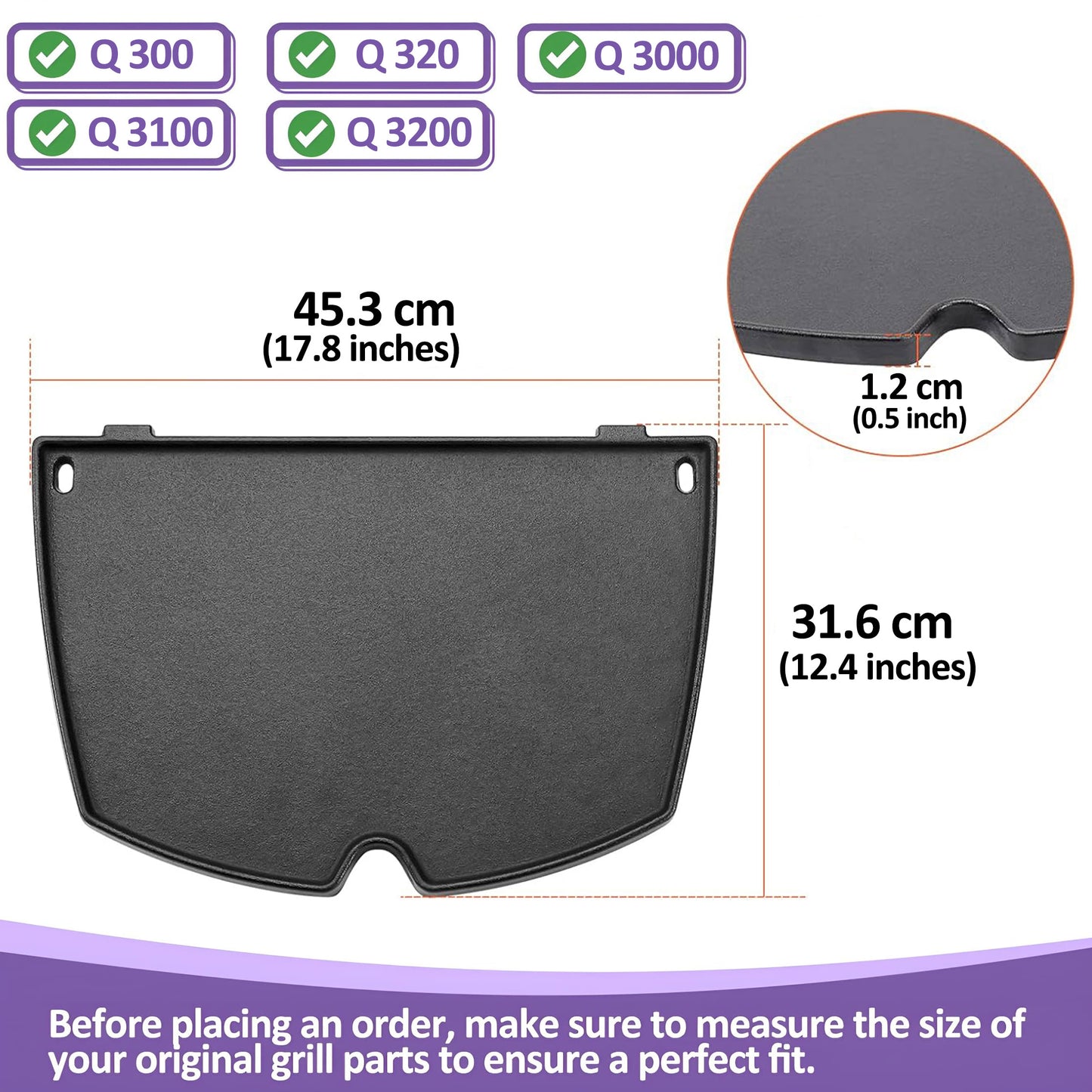 6506, 45.3 x 31.6 cm Støbejernsstegeplade til Weber Q300, Q320, Q3000, Q3100, Q3200 Serie Gasgrill, Weber Q 300/3000 Serie Stegeplade, Weber Gasgrill Tilbehør
