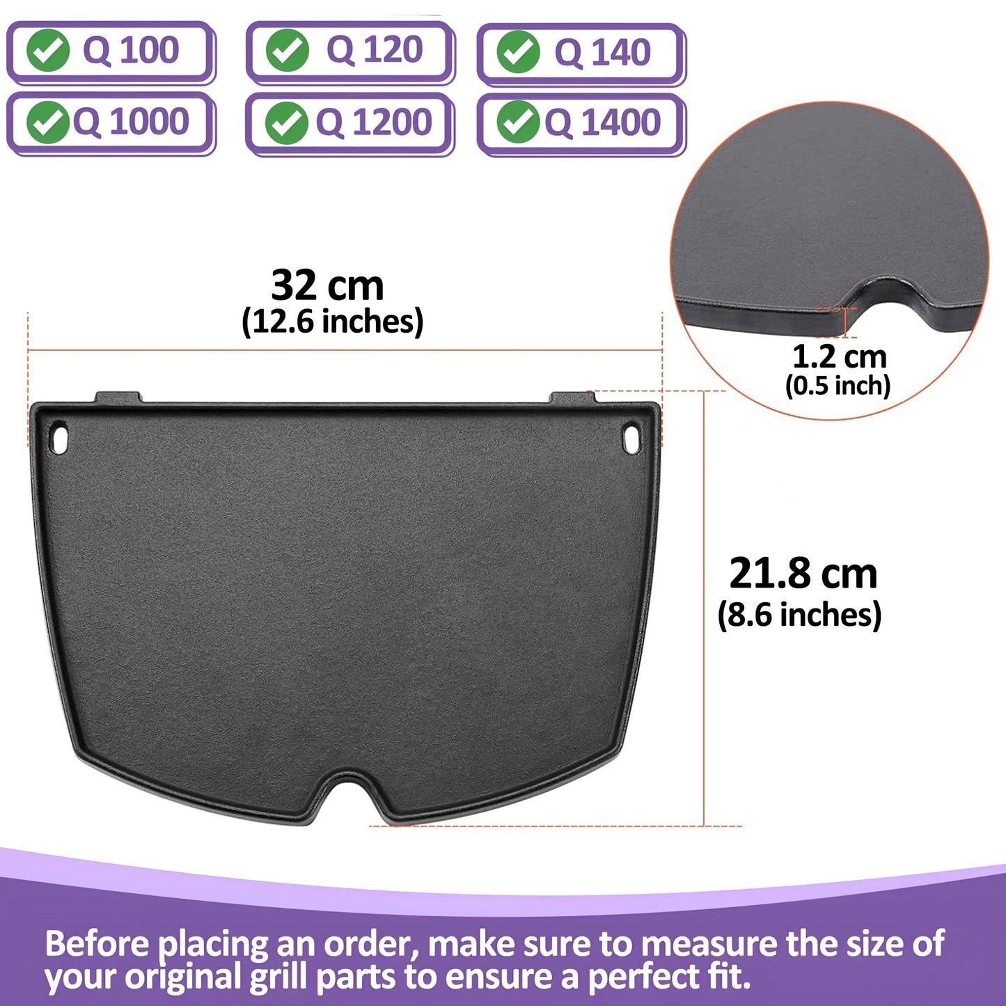 6558, Piastra in Ghisa 32 x 21,8 cm per Barbecue Weber Q1000, Q1200, Q1400, Q100, Q120, Q140 Serie, Piastra Weber Q 100/1000 Serie, Accessori per Barbecue Weber