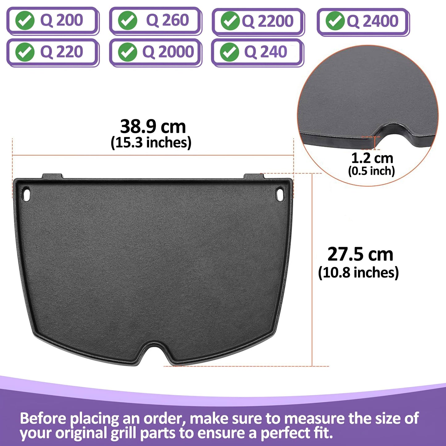 6559, 38,9 x 27,5 cm Støbejernsgrillplade til Weber Q200, Q220, Q240, Q260, Q2000, Q2200, Q2400 Series Gasgrill, Weber Q 200/2000 Series Grillplade