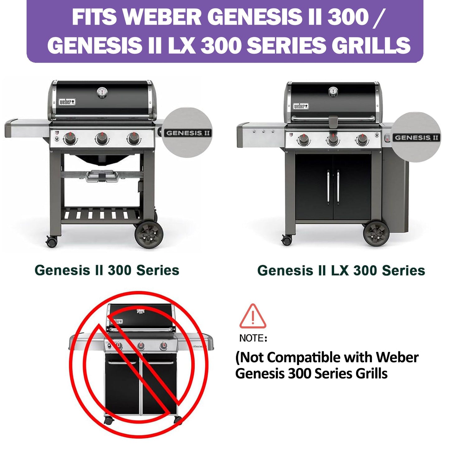 Compatibility chart highlighting supported Weber models for these replacement grill grates, including Genesis II E-310, E-330, E-325, SE-330, S-335, and LX S-340 gas grills. Not compatible with side-mounted control panel versions of older Genesis grills.