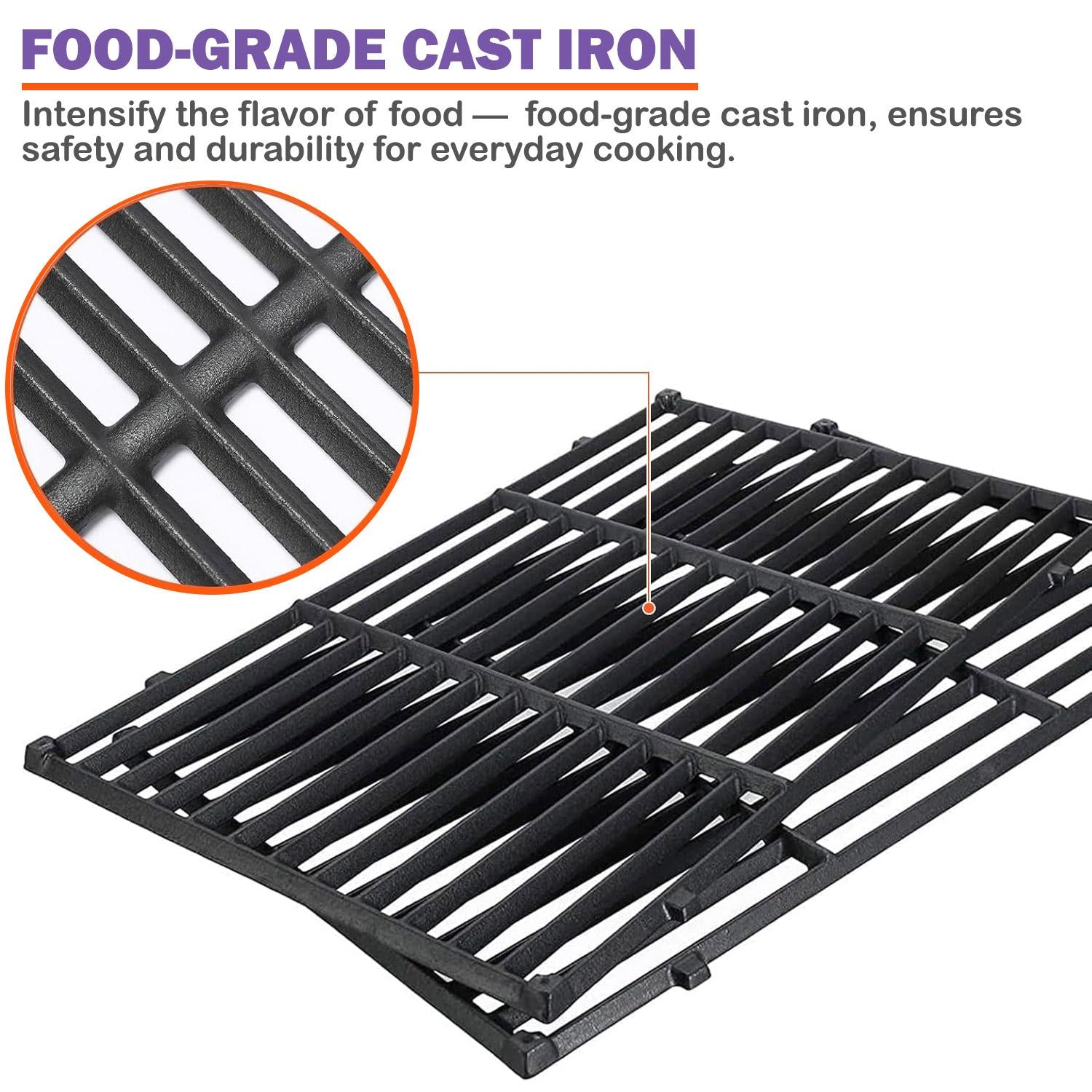 A close-up of the black cast iron grill grates is shown with a smaller inset magnifying a section of the grate's surface. Purple text at the top reads "FOOD-GRADE CAST IRON". Below, text explains, "Intensify the flavor of food — food-grade cast iron, ensures safety and durability for everyday cooking." This emphasizes the material quality of the replacement grill grates.