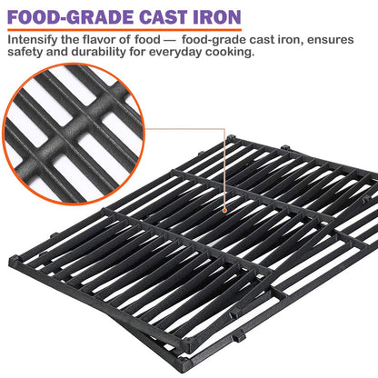 A close-up of the black cast iron grill grates is shown with a smaller inset magnifying a section of the grate's surface. Purple text at the top reads "FOOD-GRADE CAST IRON". Below, text explains, "Intensify the flavor of food — food-grade cast iron, ensures safety and durability for everyday cooking." This emphasizes the material quality of the replacement grill grates.