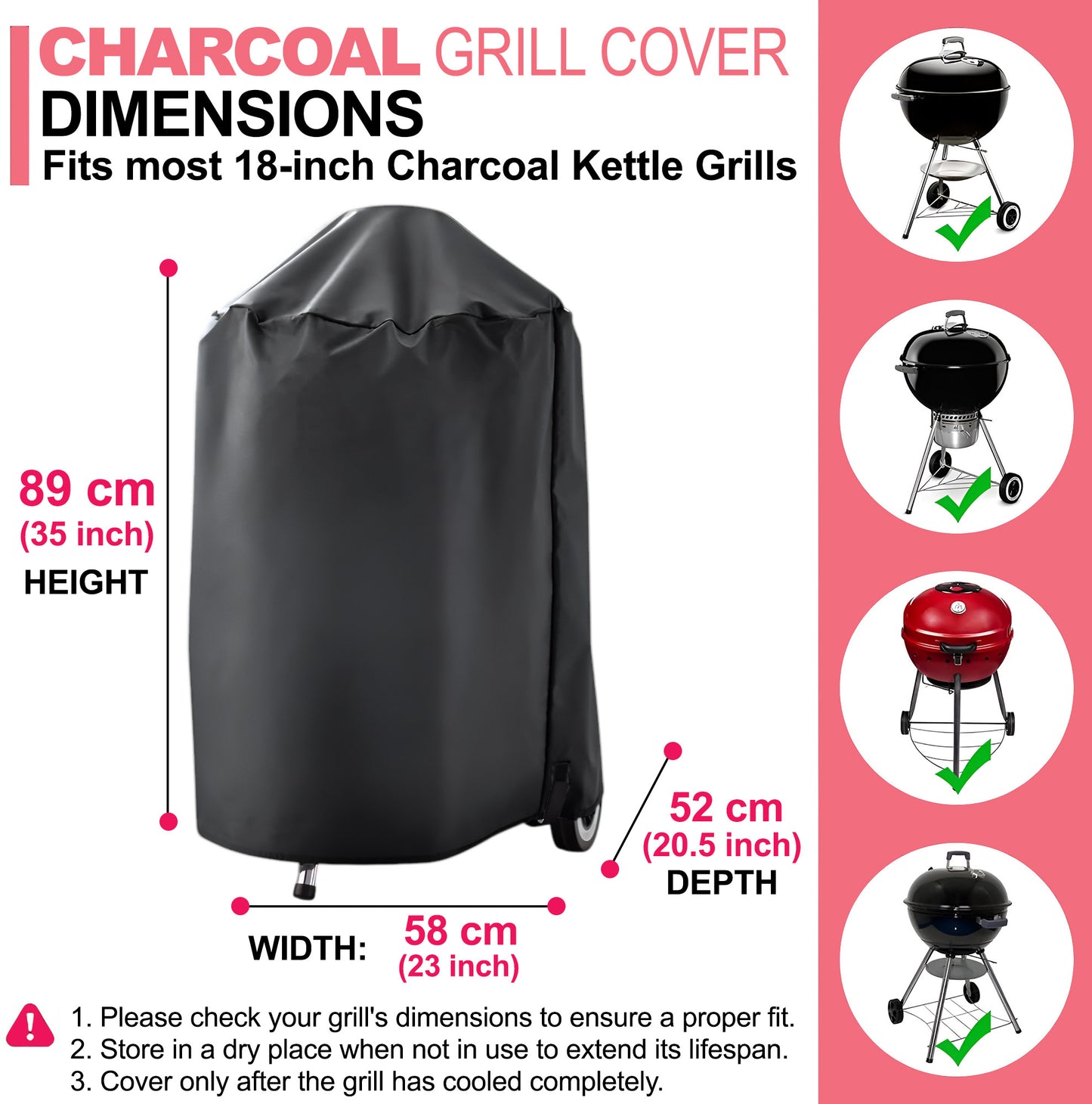 7175 Grila Pārsegs 18 collu Weber Kettle Oglekļa Grilam, 600D Oxford Audums, Izturīgs un Ūdensizturīgs, PU Pārsegs Oglekļa Grilam (58 G x 52 P x 89 A cm)