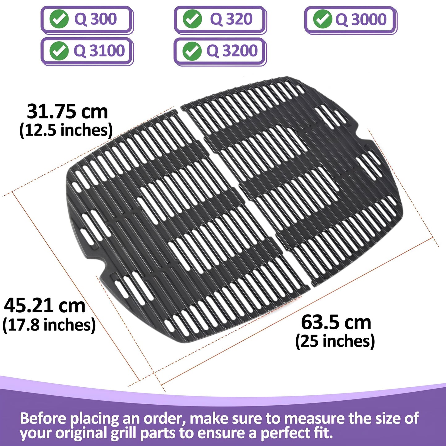 7646 7584 Støpejernsrist til Weber Q300, Q320, Q3000, Q3100, Q3200-serien gassgriller, Weber Q 300/3000-serien grillrist