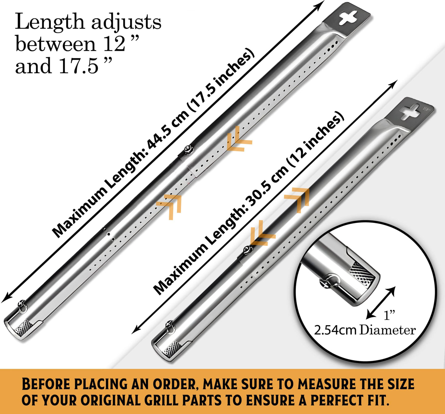 Set of 3 Adjustable Length BBQ Gas Grill Parts Replacement Stainless Steel Tube Burners (2.54cm diameter) for Gas Grill Models from Charbroil, Nexgrill and most other manufacturers