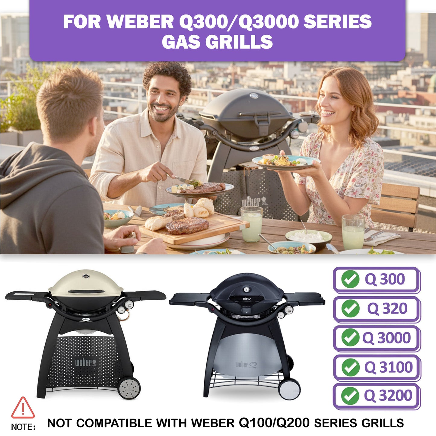 Reservedele til Weber Q300, Q320, Q3000, Q3100, Q3200-serien (før 2023) – Støbejerns grillrist, stegeplade og brændere (Erstatter Weber 7646, 6506, 65032)