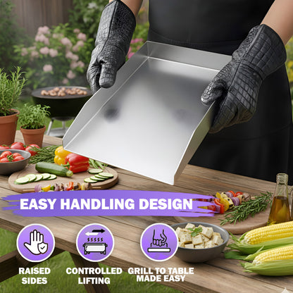 30 × 20 cm Stainless Steel BBQ Griddle Plate / Plancha – Universal Grill Griddle Accessory with Spatula