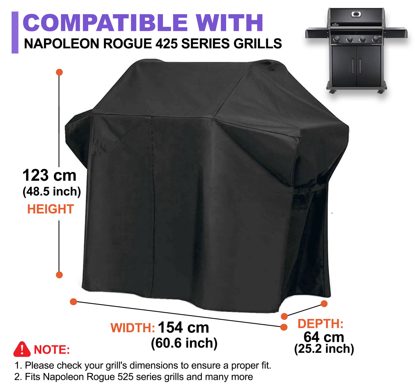 BBQ Grill Cover for Napoleon Rogue 525 Series – Premium Heavy-Duty Waterproof 600D Oxford – 154 × 64 × 123 cm