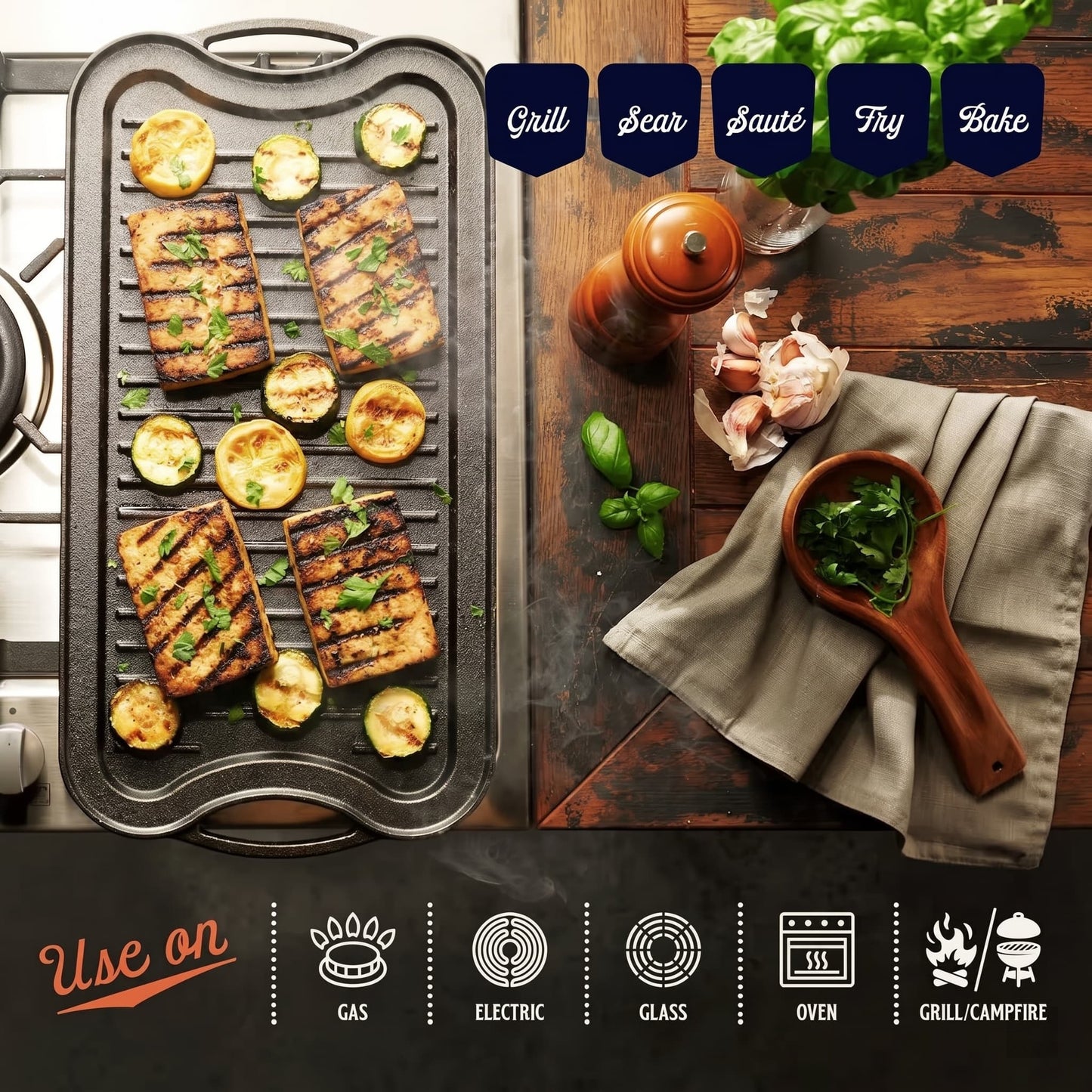 Reversible Cast Iron Griddle for Indoor Stovetop & Outdoor Grill – 46cm x 25cm Dual-Sided Surface