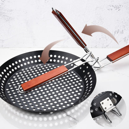 Foldable Non-Stick Grill Frying Pan Skillet with Wooden Handle (Carbon Steel BBQ Grill Pan)