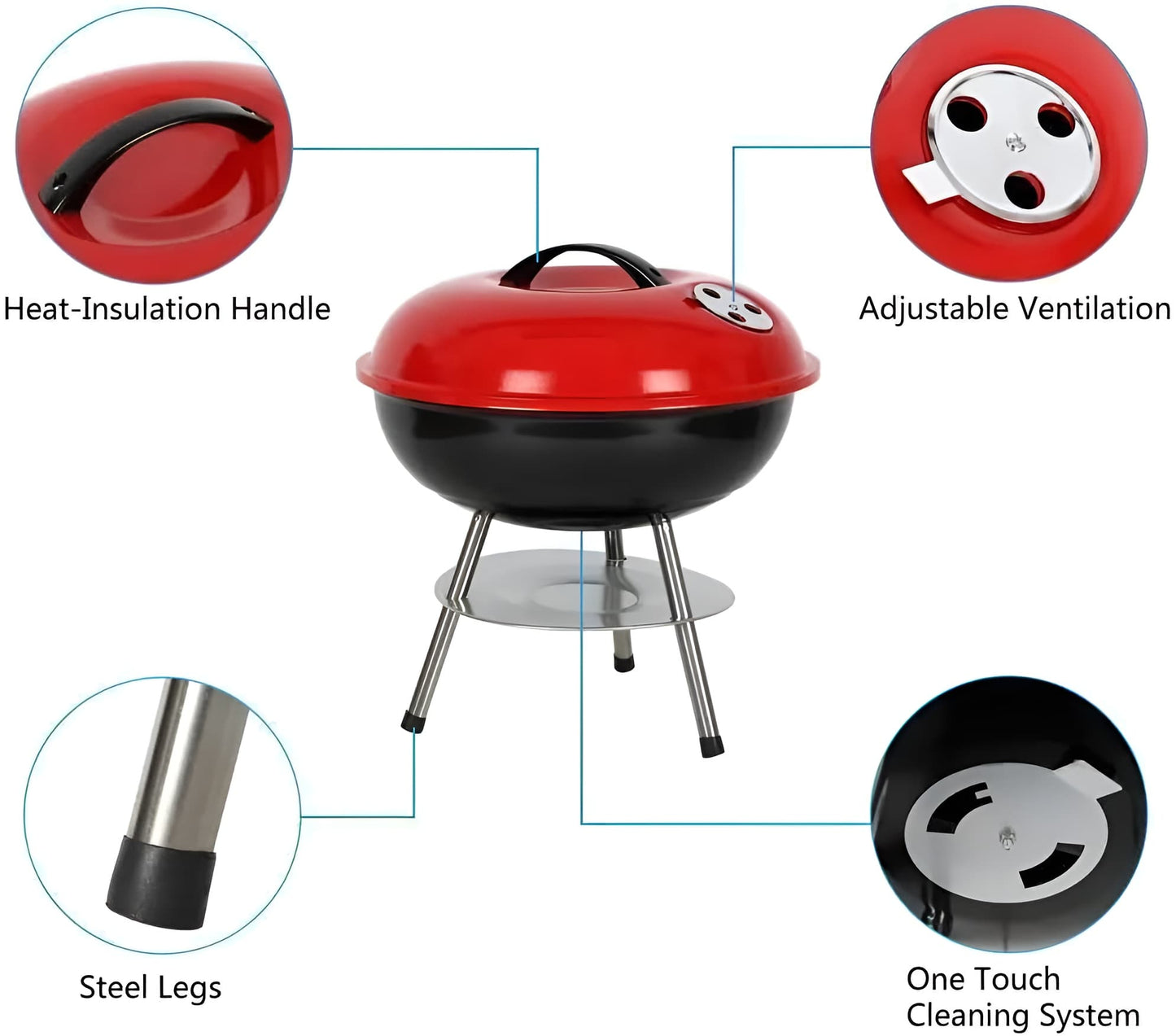 Portable 36 cm Charcoal Camping BBQ Grill, Small Round Charcoal Kettle Grill for Outdoor Use