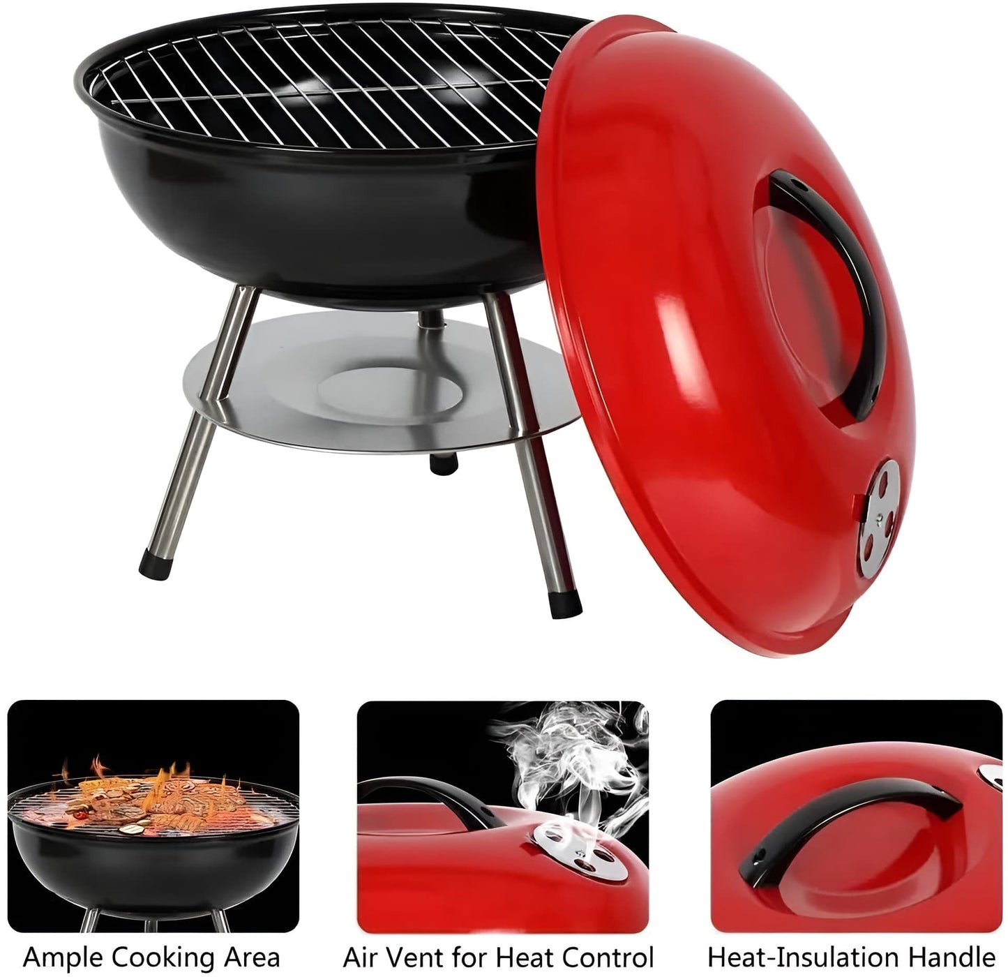 Portable 36 cm Charcoal Camping BBQ Grill, Small Round Charcoal Kettle Grill for Outdoor Use