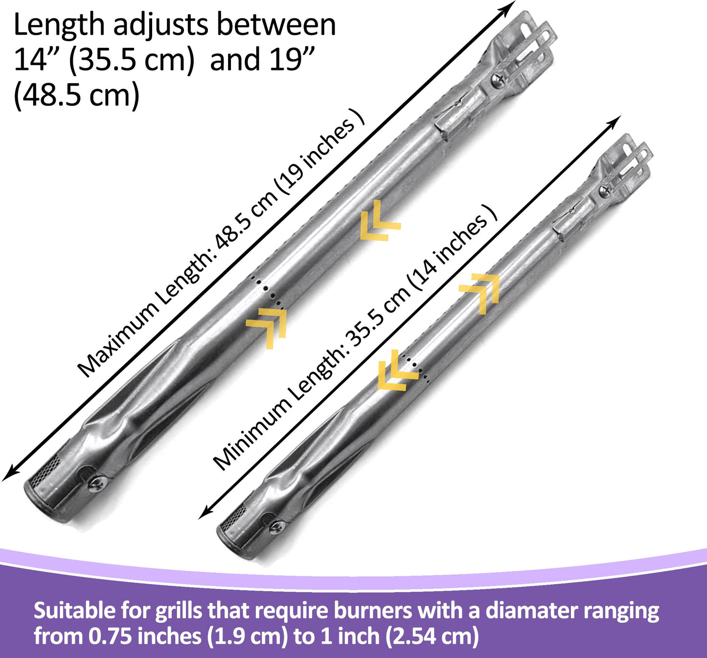 Universella Brännare | Justerbar Längd 35,5 cm till 48,5 cm | Passar Landmann, Enders, Campingaz och Andra Europeiska Grillmärken, Rostfritt stål (Set med 4)