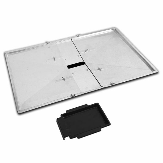 Adjustable steel grease drip tray 68.6-76.2 cm with catch cup for 4-5 burner Weber, Napoleon, Char-Broil & gas grills.