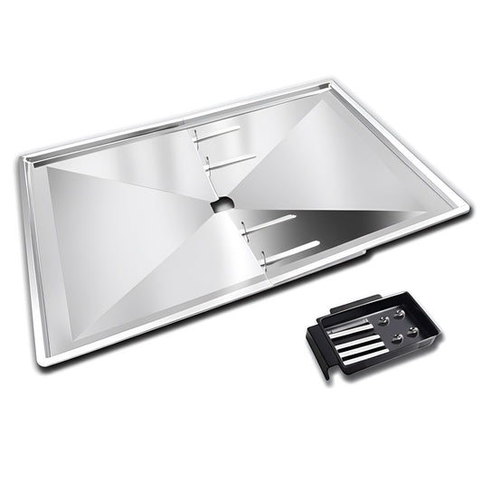 Adjustable steel grease drip tray 84-91 cm with catch cup for 6-burner Weber, Napoleon, Char-Broil & gas grills.