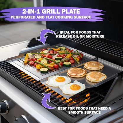2-in-1 grill topper being used on a gas BBQ to cook mixed vegetables on the perforated side and pancakes and fried eggs on the flat griddle surface.