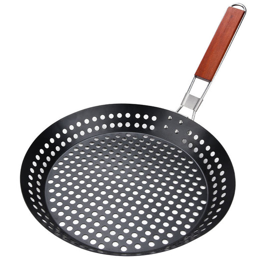 Foldable non-stick carbon steel grill frying pan 30.5x24 cm with wooden handle for indoor stove & outdoor grilling.