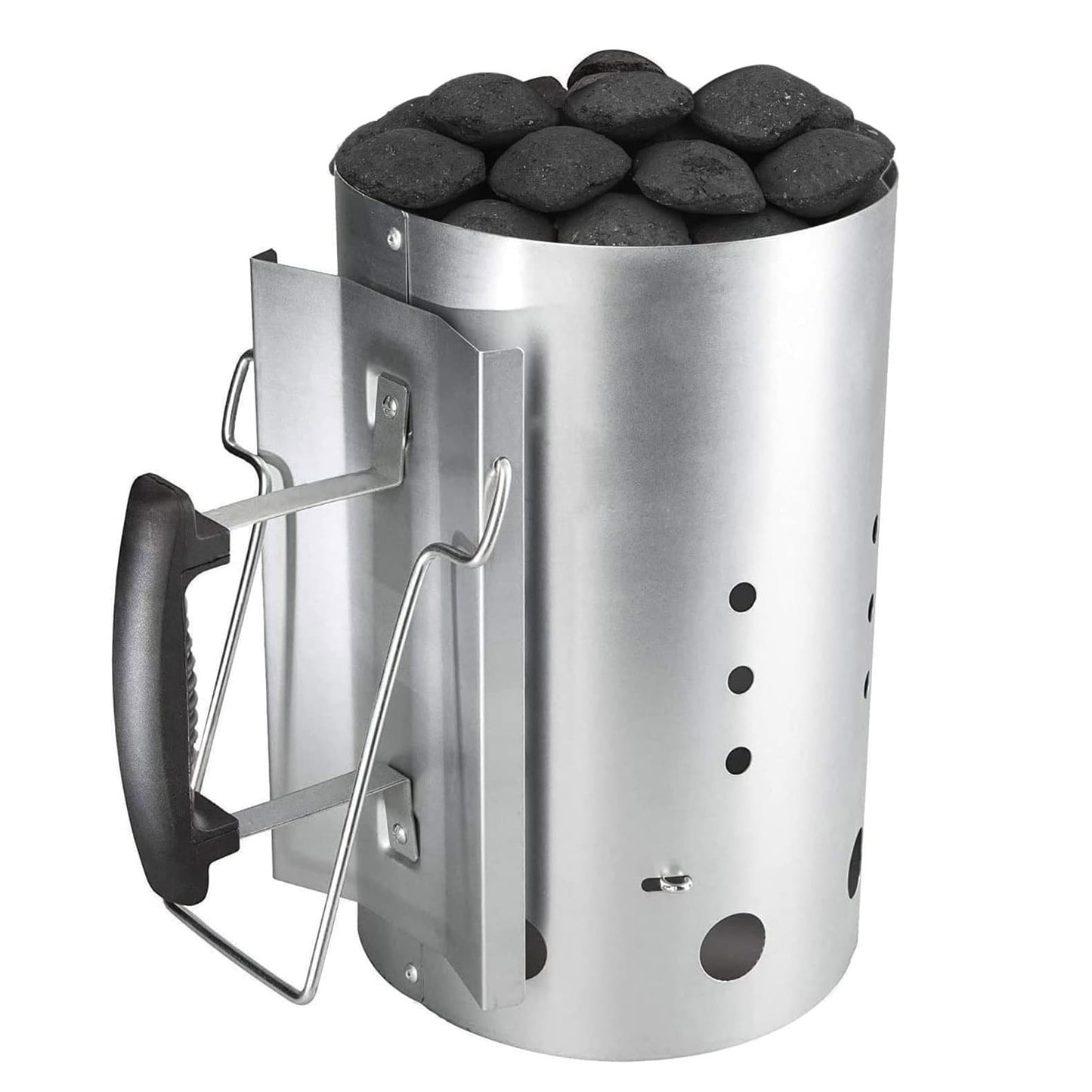 Galvanized steel charcoal chimney starter replacing Weber 7416 with heat-resistant handle for charcoal grills.