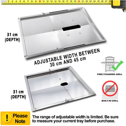 Grease Tray with Adjustable Width (30 cm to 45 cm) x 31 cm for Small Grills from Weber Biltema, Lucifer, Napolean, Landmann and Many More, Fits Universally