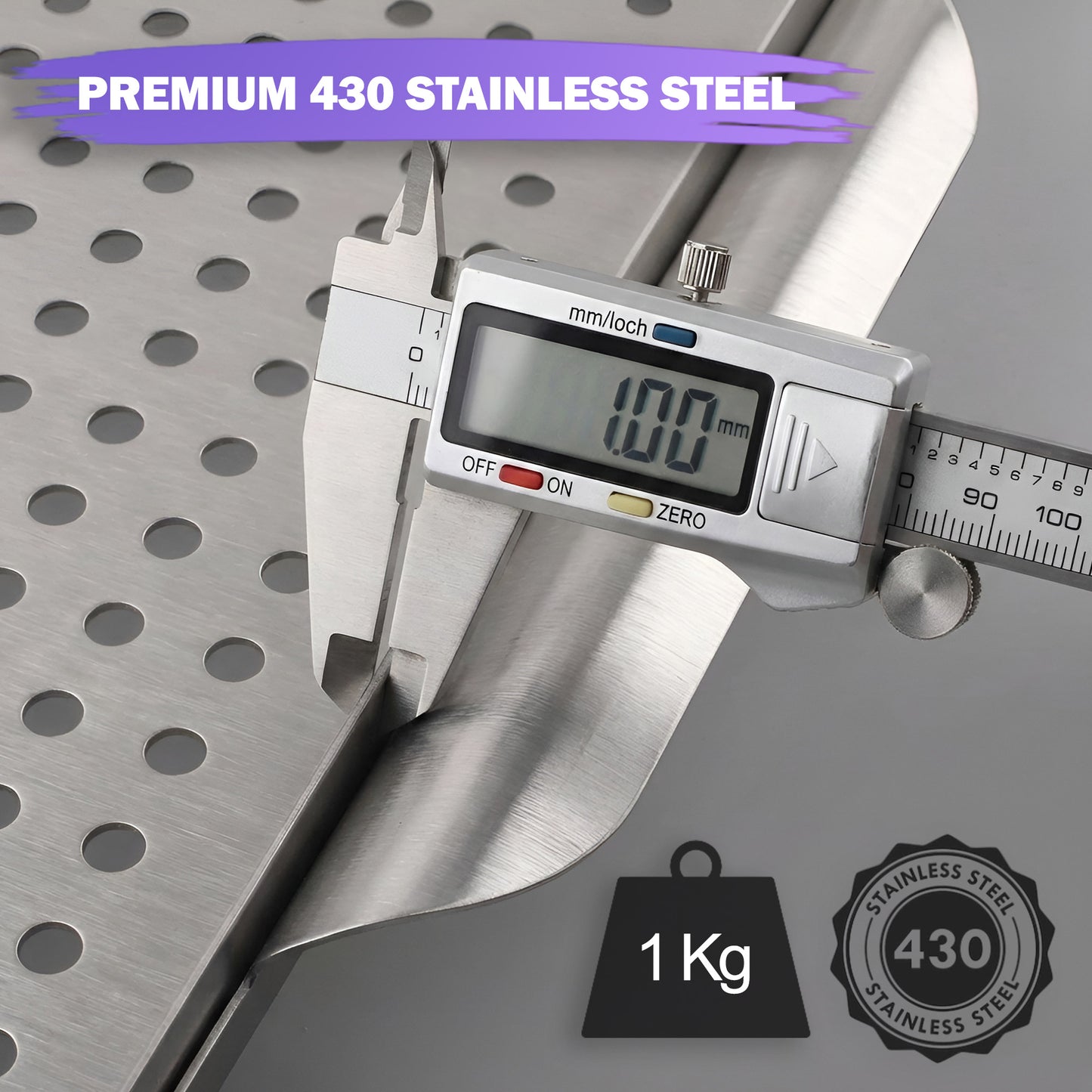 Close-up of a digital caliper measuring the 1.00 mm thickness of a premium 430 stainless steel grill plate to demonstrate durability and heat efficiency.