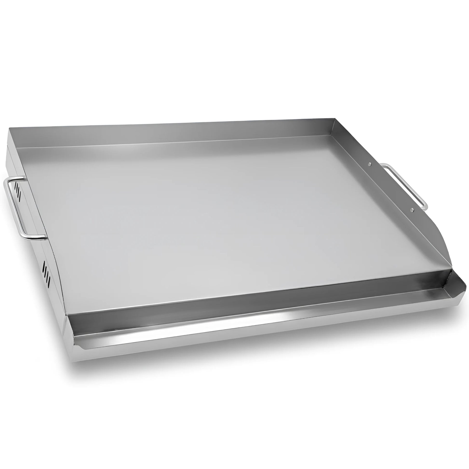 Heavy-duty stainless steel BBQ plancha griddle plate 58.4x40 cm with removable handles for gas and charcoal grills.