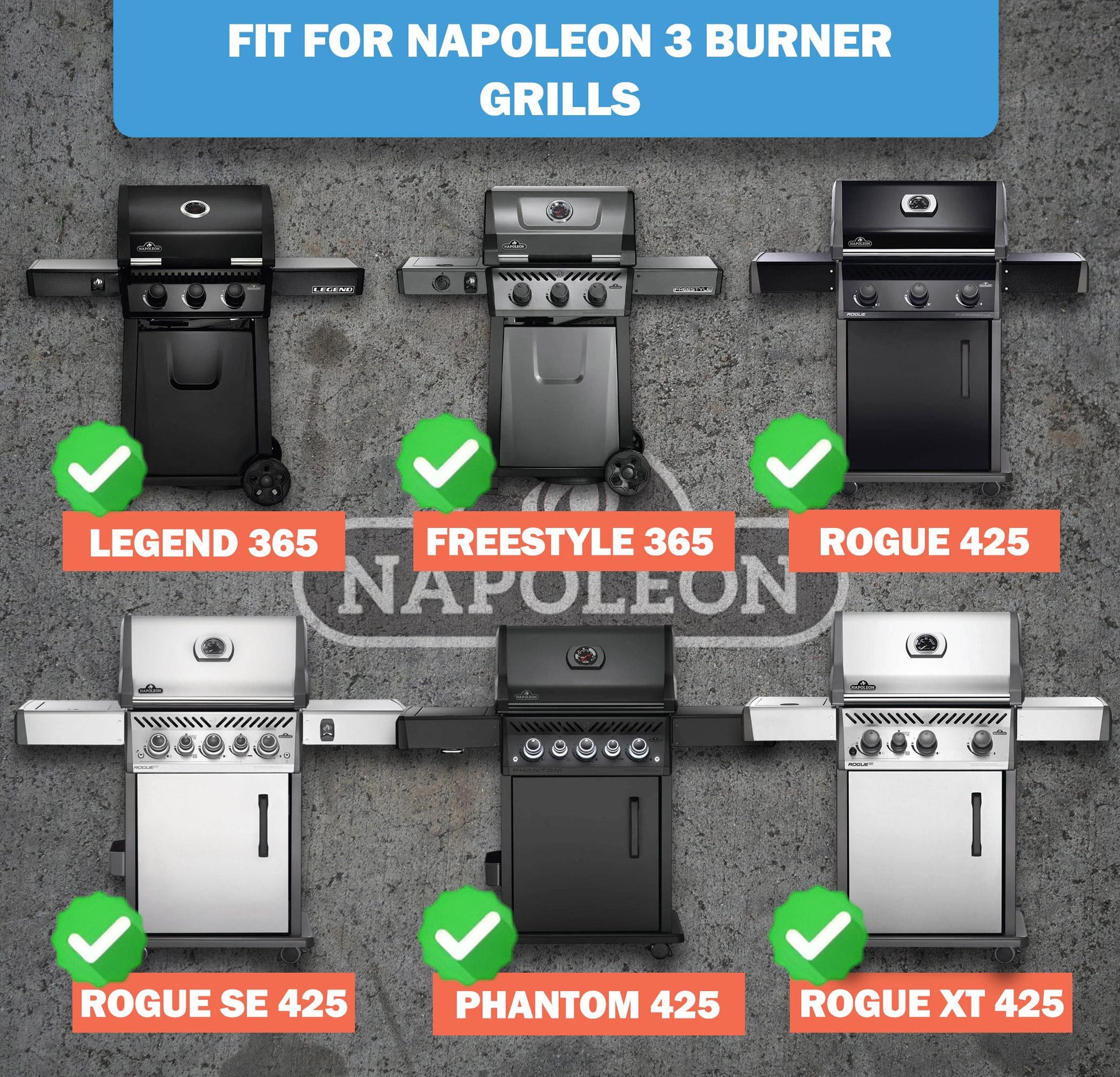 Compatibility guide for replacement grill burners, showing they fit Napoleon 3-burner grills including Freestyle 365, Legend 365, Rogue 425, Rogue SE 425, Phantom 425, and Rogue XT 425 models.